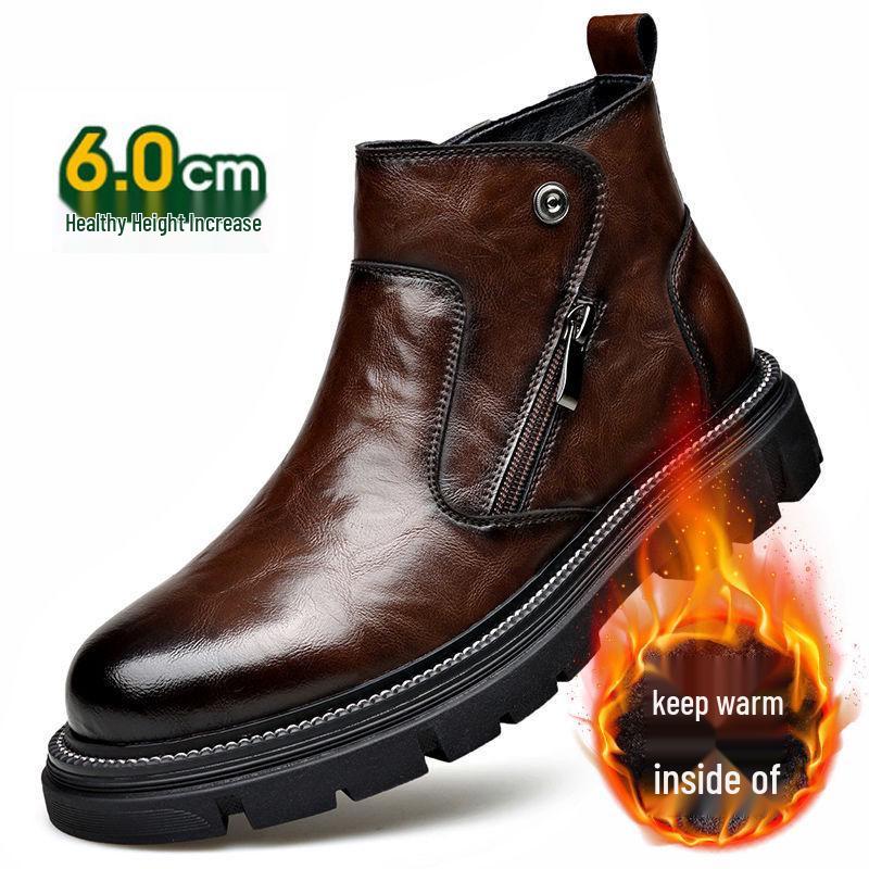 Men's Genuine Leather Chelsea Ankle Boots - Winter, Plus Velvet Lining, Thick Sole, High-Top British Style Warmth.
