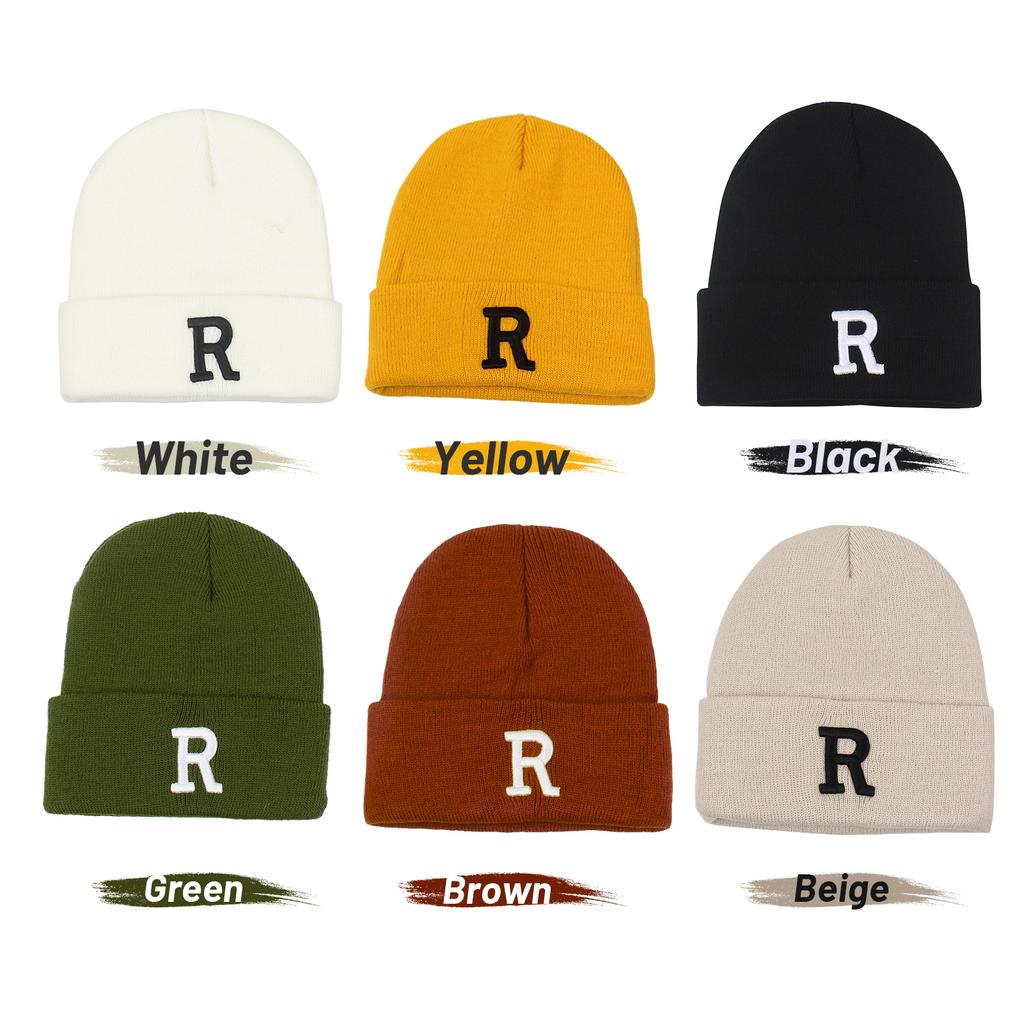 Men Women Winter Knitted Beanie Hat R Embroidery Stretchy Skull Cap Casual Warm Cuffed Watch Hat