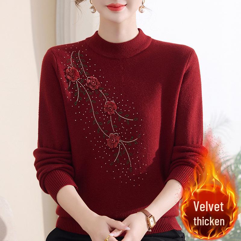 Women's Mid-Aged & Elderly Knitted Half-high Collar Fleece Sweater - Stylish, Thermal, Thickened Winter Wear.