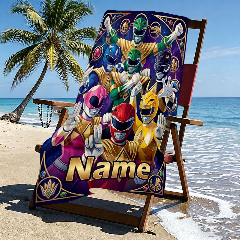 Custom Name Personalized Power Rangers Print Beach Towel, for Trip Camping Beach Party Home Decor, Birthday Gift for Family & Friends