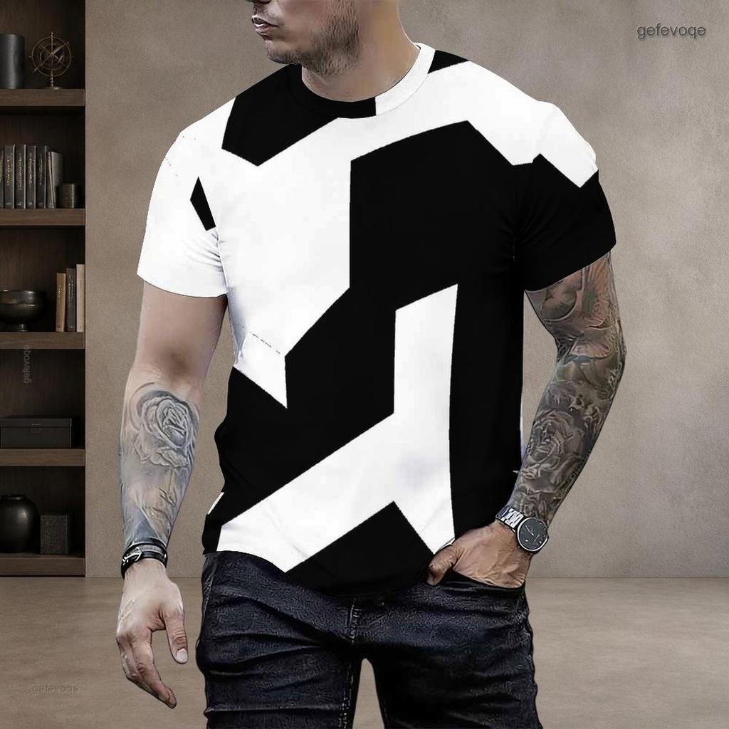 Men Plus Size Round Neck Short Sleeve T Shirt Black White Printed Pullover Straight Hem
