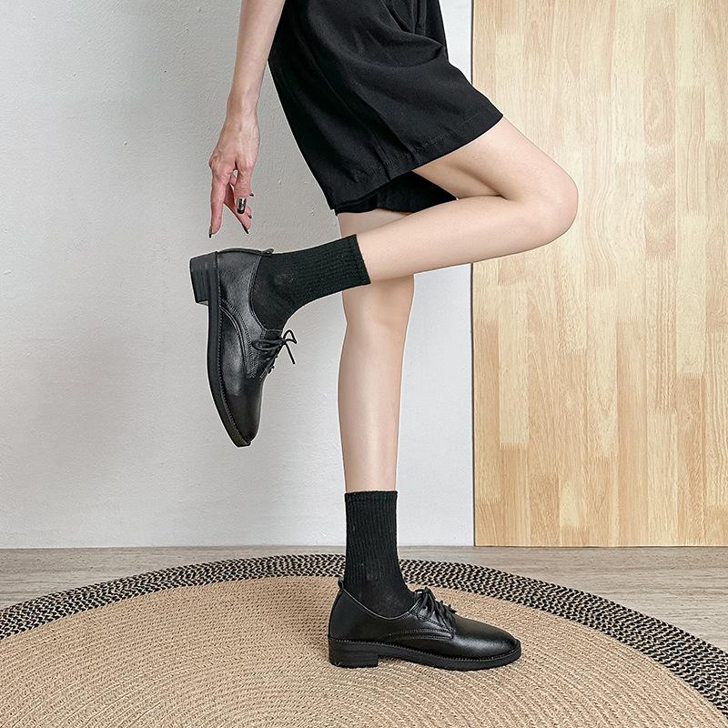 

2025 black leather breathable small leather shoes medium heel thick heel versatile lace-up pointed head college style casual work shoes women 34 чёрный