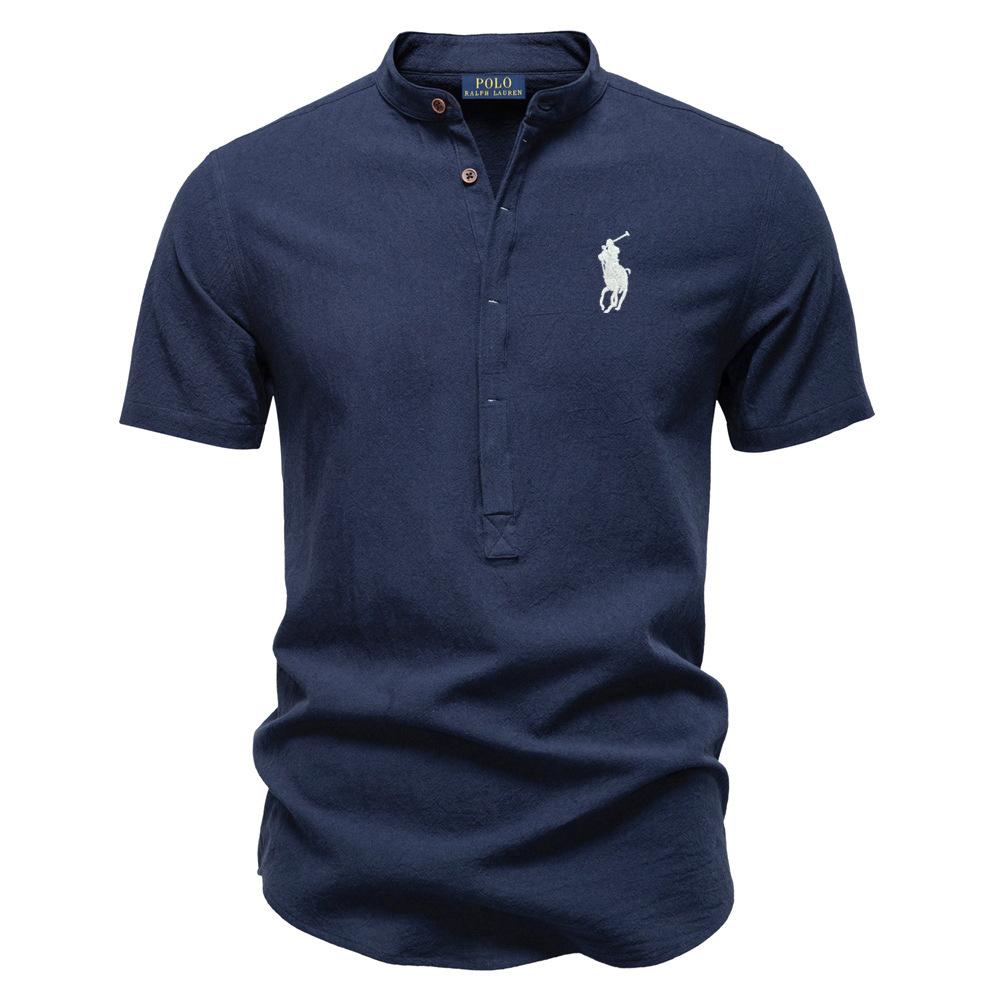 Polo Ralph Lauren Jaro/Léto Pony Vyšívaná Business Casual Košile Pánská Košile s Krátkým Rukávem Bavlněná Lněná Košile Stojáček Bavlněná Košile
