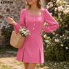 VONDA Women Square Neck Puff Long Sleeve Slim Waist Casual Solid Color Mini Dresses