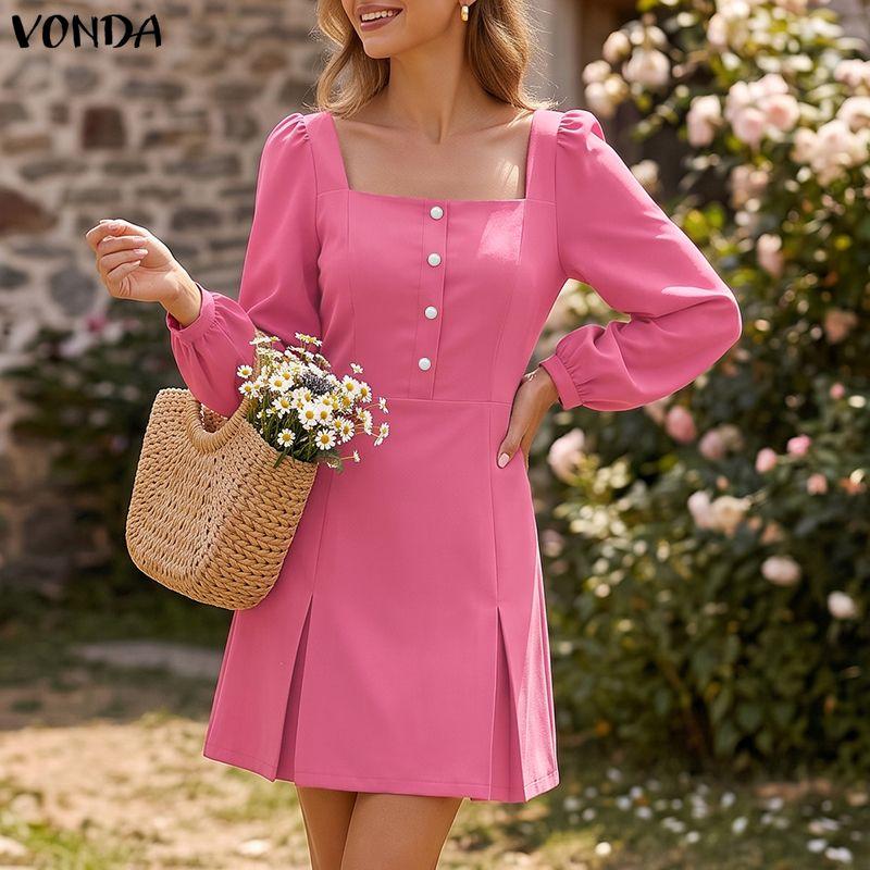VONDA Women Square Neck Puff Long Sleeve Slim Waist Casual Solid Color Mini Dresses