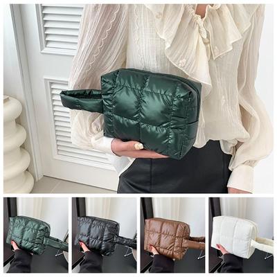 PU Leather Puffer Handbag Solid Color Plaid Clutch Bag Simple Padded Makeup Bag Ladies