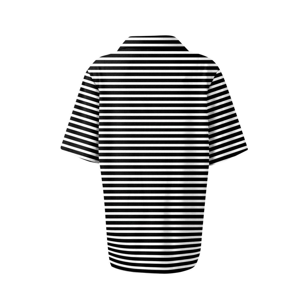 Women's Casual Short Sleeve Polo Shirt Waffle Texture Button Down Collar Top with Horizontal Stripes Pattern Suitable for Daily Wear