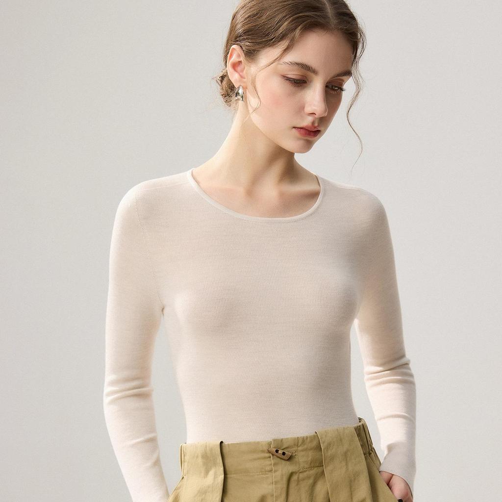 Premium Slim-Fit 100% Pure Wool Women's Round Neck Knit Sweater - Perfect for Autumn and Winter 