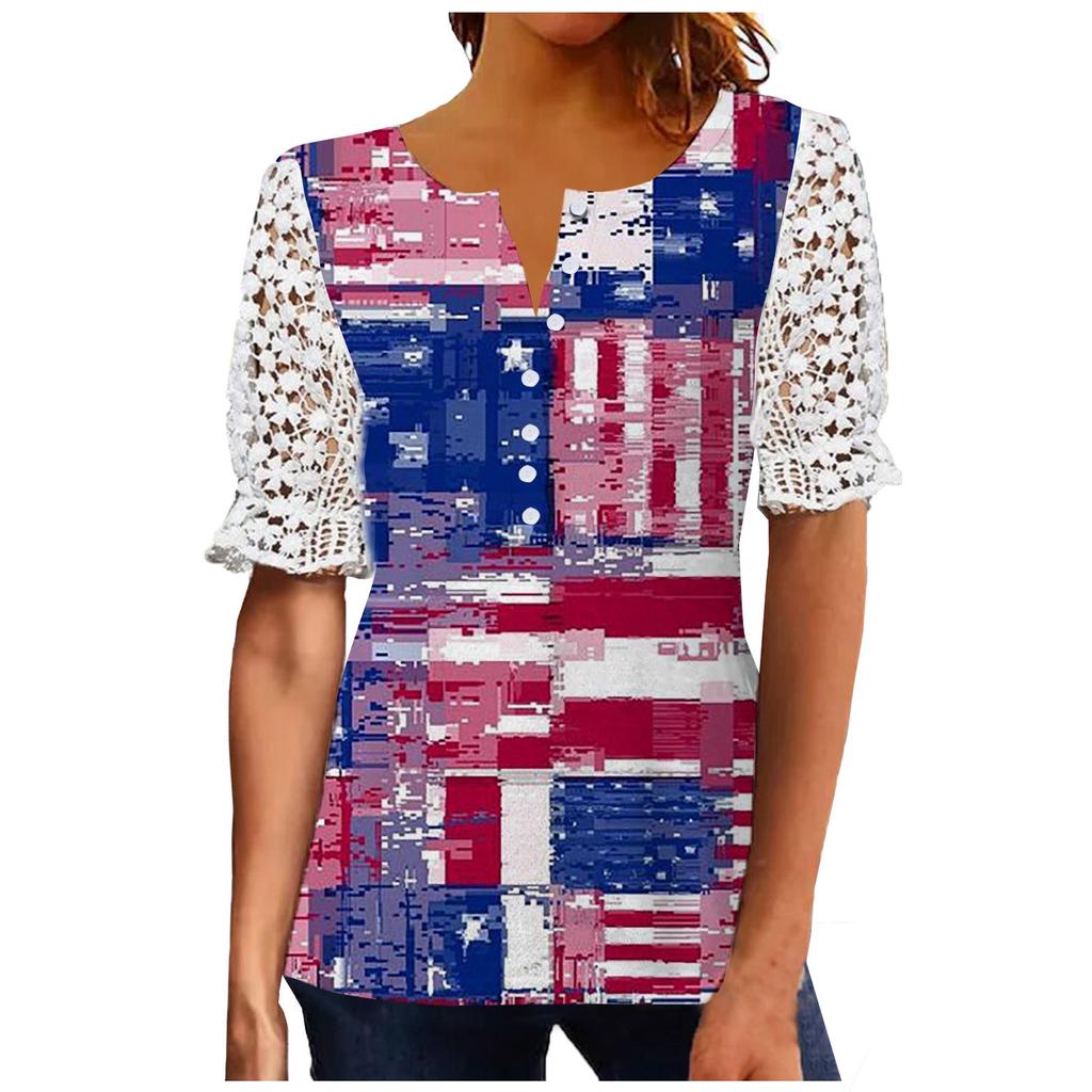 Women Outfits Summer Casual Beach Cover Up Loose Vintage Independence Day Print Chiffon Short Shirt Hide Belly Tunic Tops