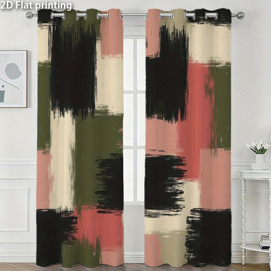 

Set Of 2 Flat Printing Curtains Abstract Brushstroke Pattern Green Pink Black Curtain Perforated Polyester W100*H70(CM)-Rod Pocket&2PCS