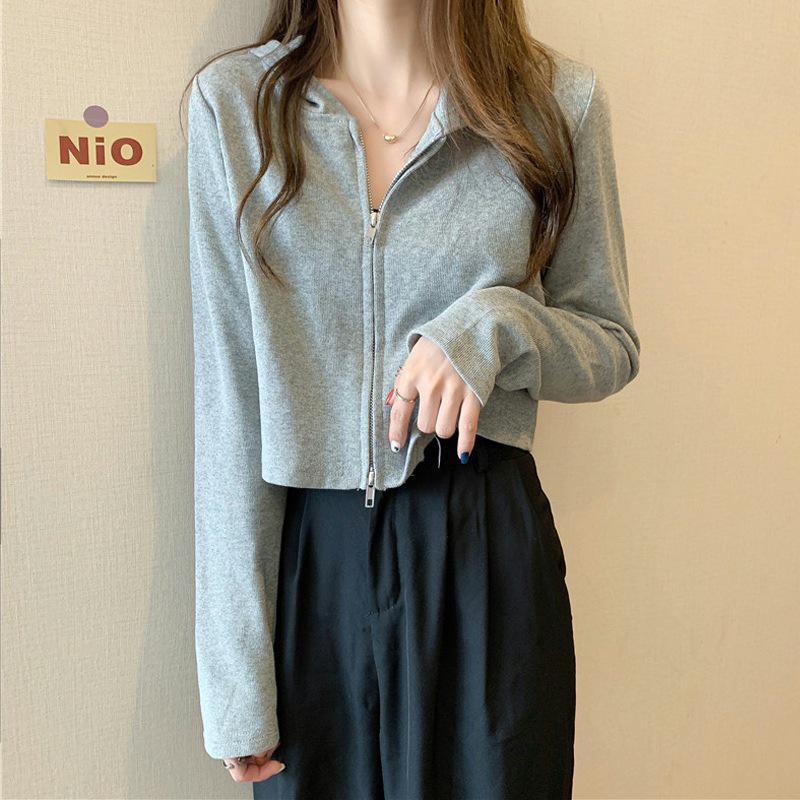 Women's Slim Fit Double Zipper Hooded Cardigan - American Style, Spring/Autumn 2025 Korean Fashion
