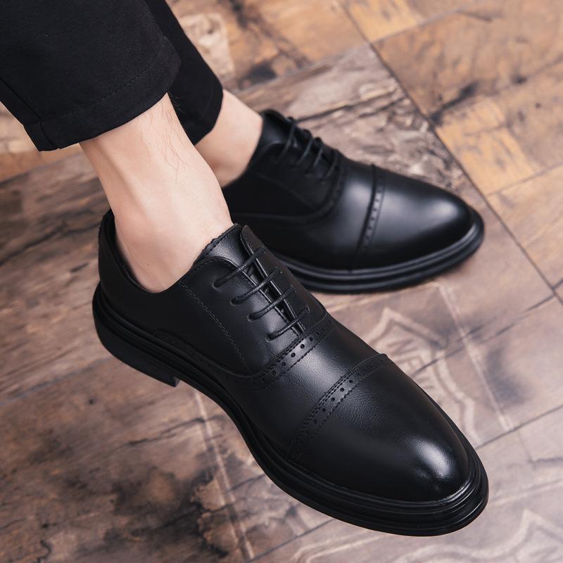 

2025 leather shoes men s business men s shoes British new Korean version casual youth black leather shoes 38 чёрный
