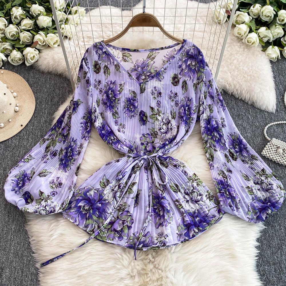 Mature Style Two-Piece Women's Suit: Loose Floral Pleated Shirt & High Waist Wide Leg Trousers