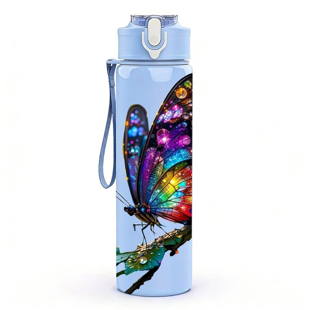 1PC Bright Color Butterfly Insect Print 750ml Color Plastic Sports Water Bottle Leakproof Flip Straw Lid Suitable for Sports Office Home Use