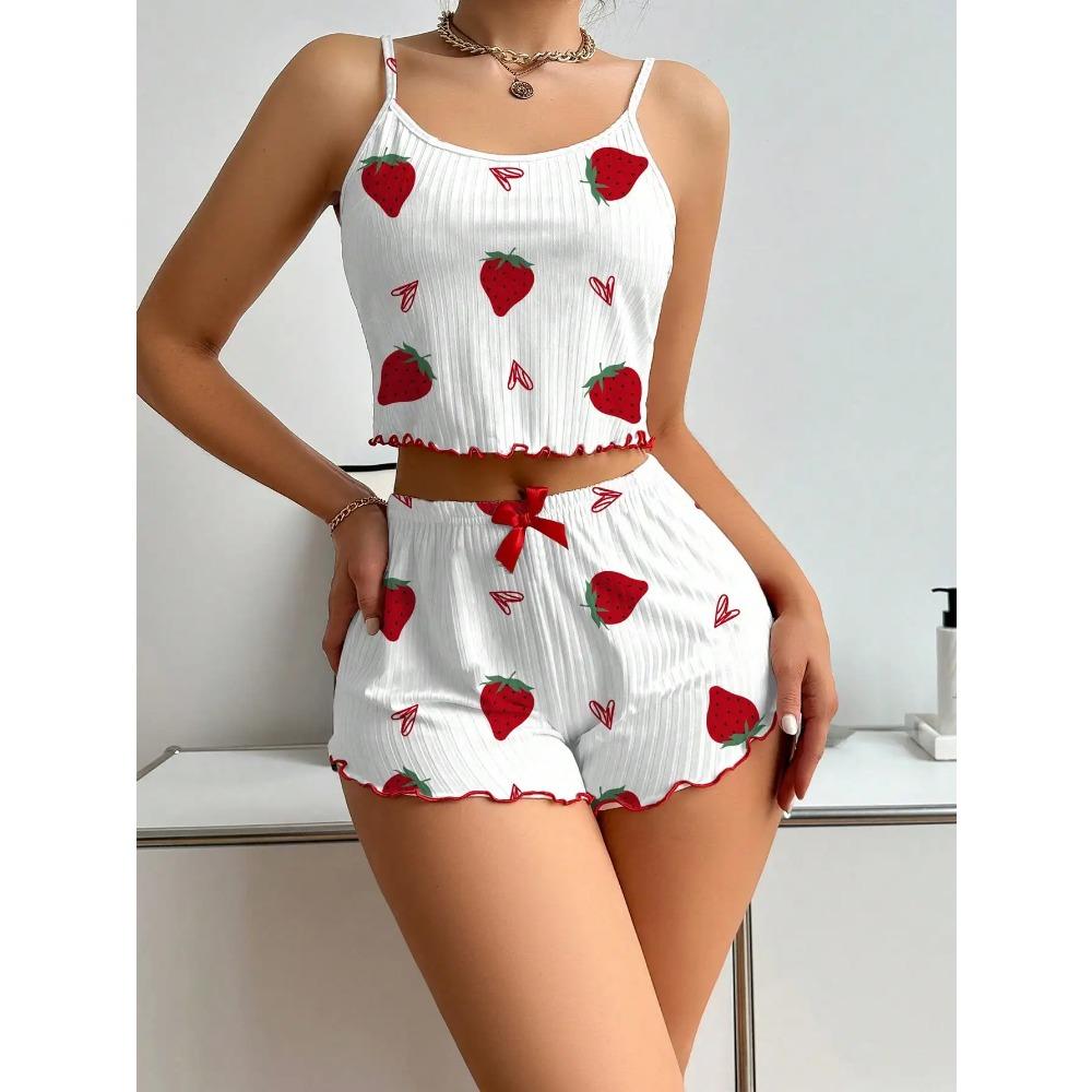 Women's Strawberry Print Ribbed Knit Ice Silk Camisole Pajama Set Comfortable Two-Piece Sleepwear for Summer