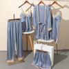 Sexy Rayon Silk 5PCS Pajamas Set Female Sleepwear Print Flower Bathrobe Nightgown Lady Relaxed Fit Casual Pijamas Suit Home Clothes