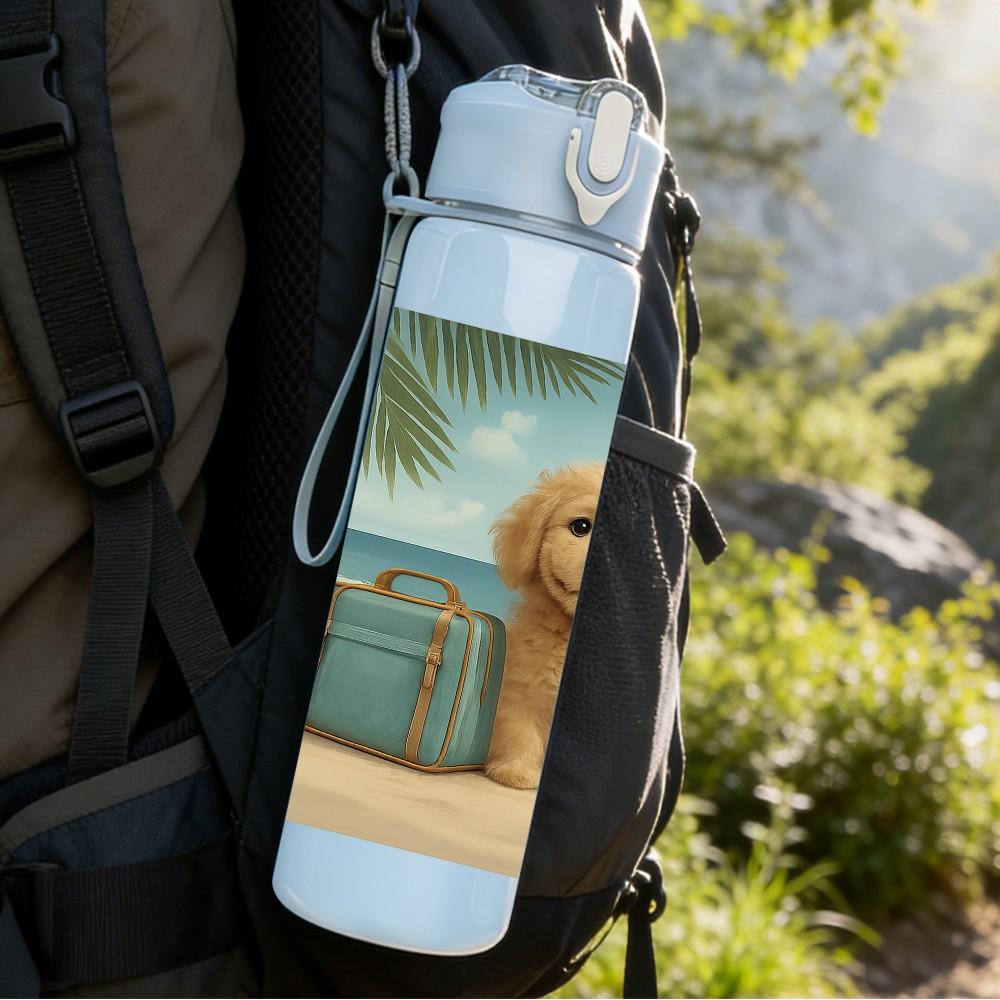 1PC Puppy Dog Beach Luggage Scene Print 750ml Color Plastic Sports Water Bottle Leakproof Flip Straw Lid Suitable for Sports Office Home Use