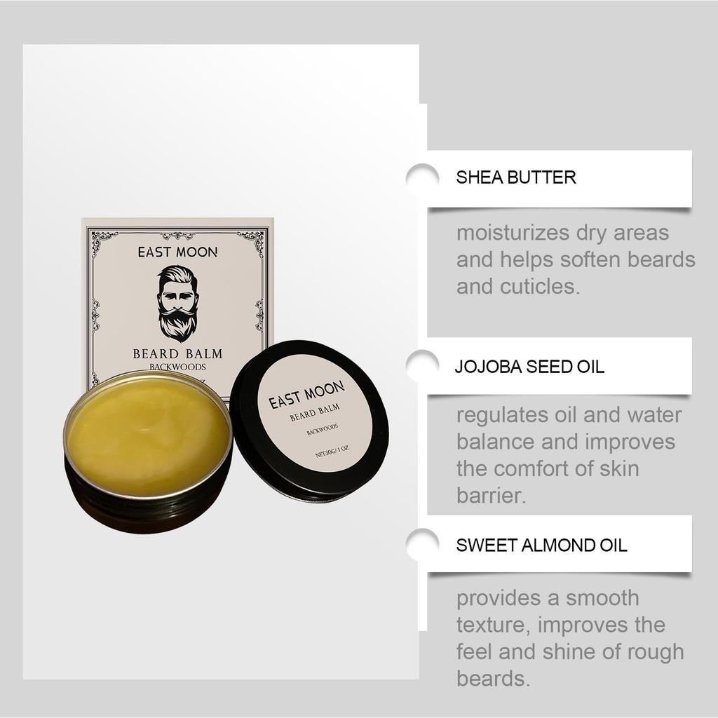 East Moon Men's Shea Butter Beard Balm Moisturizing Smoothing Beard Growth Wax Mustache Cream Facial Hair Care Reduce Frizz