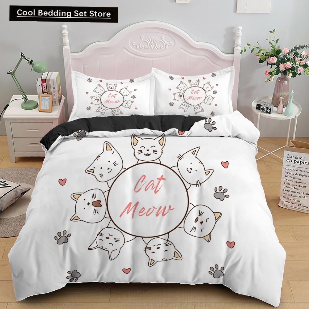 3D Cat King Queen Duvet Cover Cute Cartoon Kitty Bedding Set for Kids Teens Adults Pet Animal White 2/3pcs Polyester Quilt Cover
