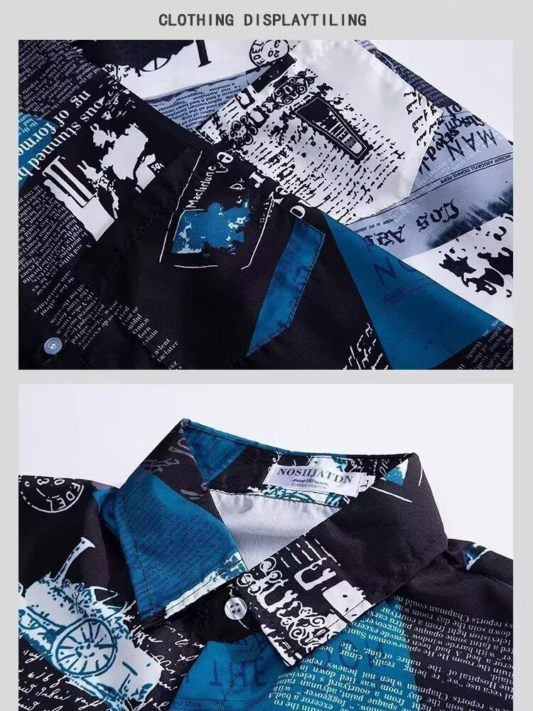 Men's Summer Japanese Trend Newspaper Print Shirt & Floral Beach Shorts Set