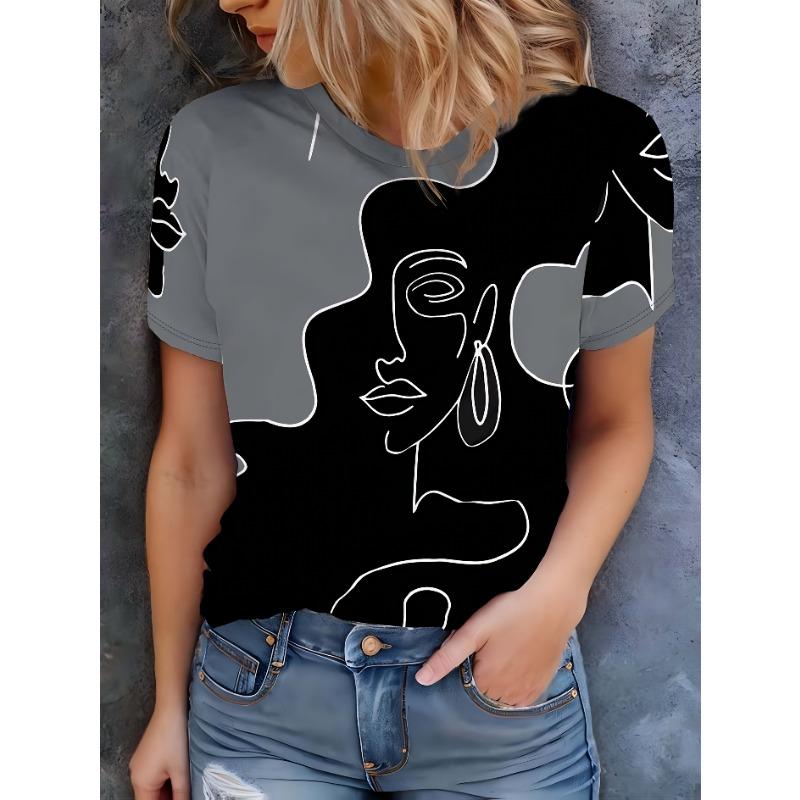 Women S Abstract Face Graphic 3D Print Tee Casual Short Sleeve, Breathable S