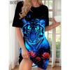 Sommer Damenkleider Lässig Kurzarm Rundhals Tiger Muster Gedruckt Locker Kleid