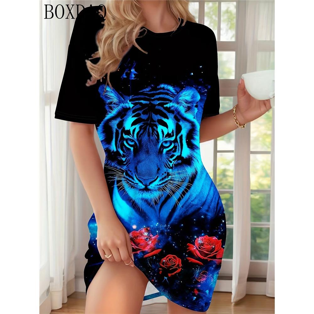 Sommer Damenkleider Lässig Kurzarm Rundhals Tiger Muster Gedruckt Locker Kleid