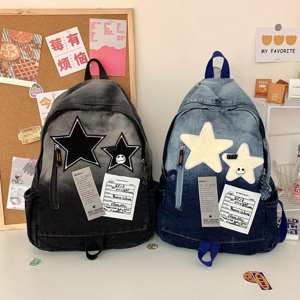 Small Pack Y2K  Shoulder Bag Gradient Casual Backpack Simple Denim Star Backpack  Travel