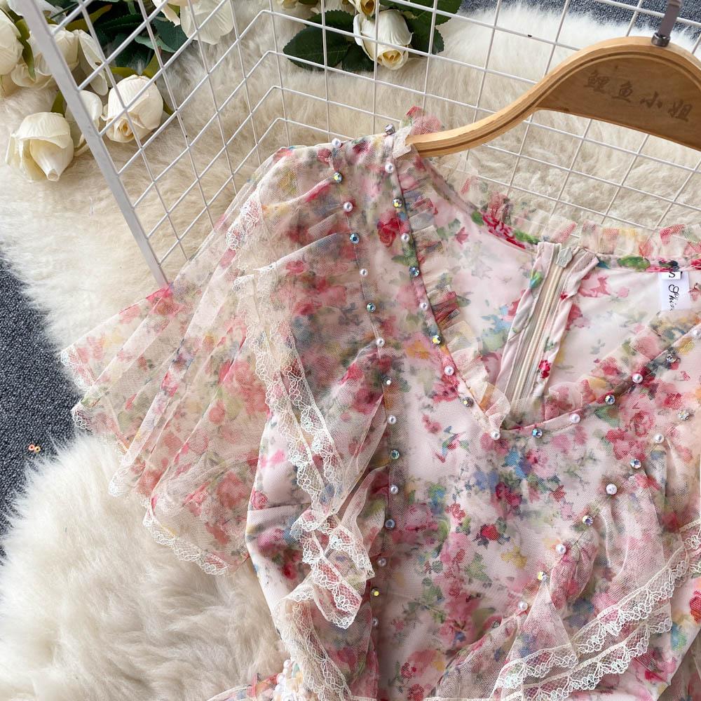 Summer Runway Nádherný květinový potisk Společenské šaty Dámské Holiday Flare Rukáv Výstřih do V Korálky Kaskádové volánky Síťované Krajky Ozdoby Dortové šaty