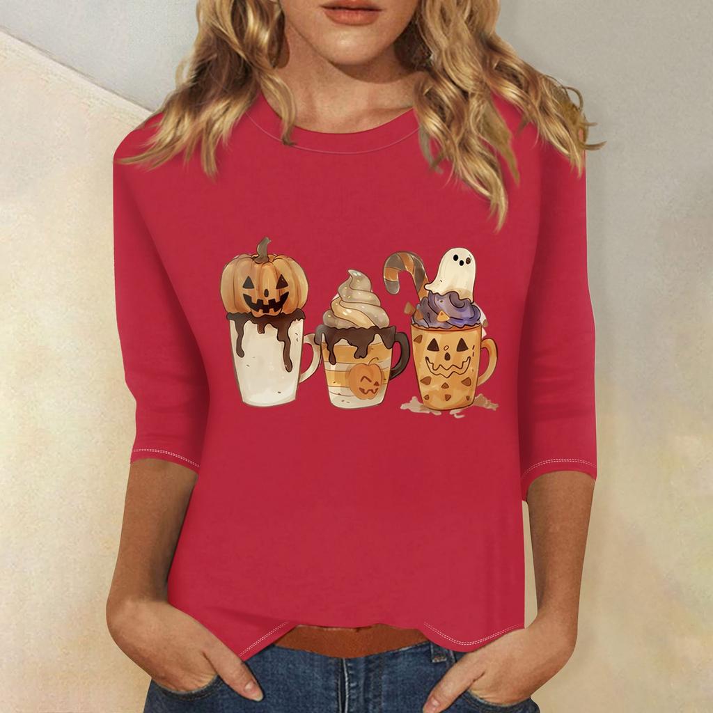 Women's Fashion Casual Three-quarter Sleeve Halloween Printed Round Neck Top