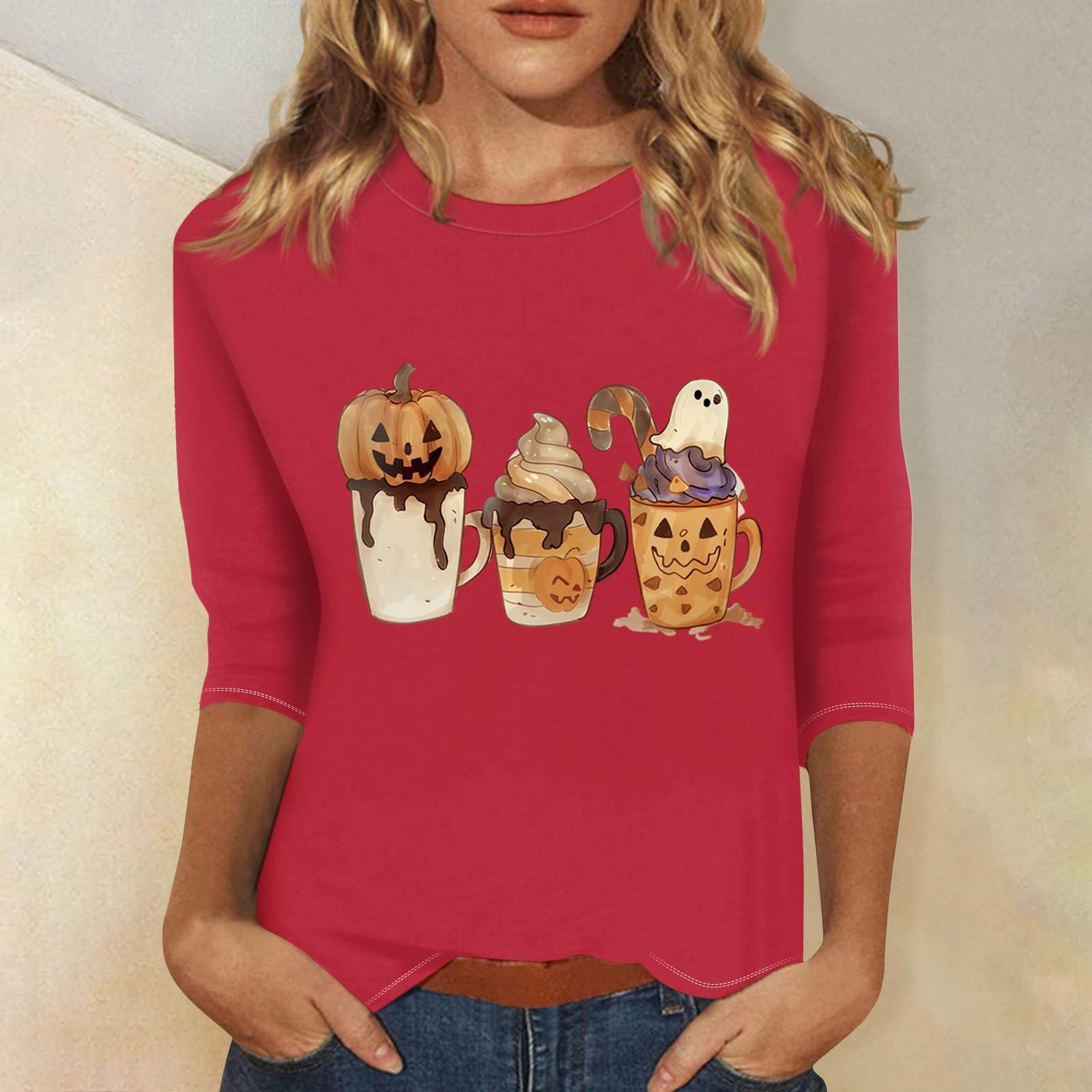 

Women s Fashion Casual Three-quarter Sleeve Halloween Printed Round Neck Top XXL червоний