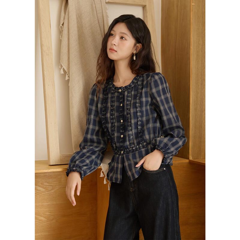 Elegant Retro Blue Plaid Shirt S