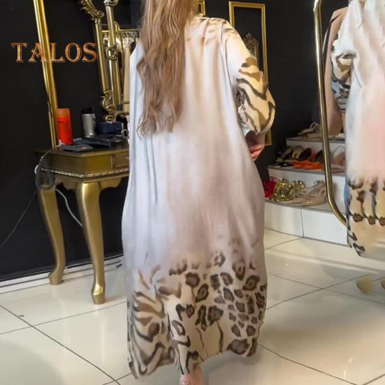 Lady Spring Maxi Dress Lapel Leopard Print Long Sleeves with Cufflink Loose Single-breasted Vintage High Waist Casual Daily Dress