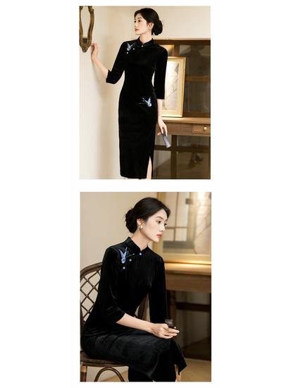 Bei Zhi Yun Retro Velvet Mid-Sleeve Cheongsam - Autumn 2025, Black, Comfortable