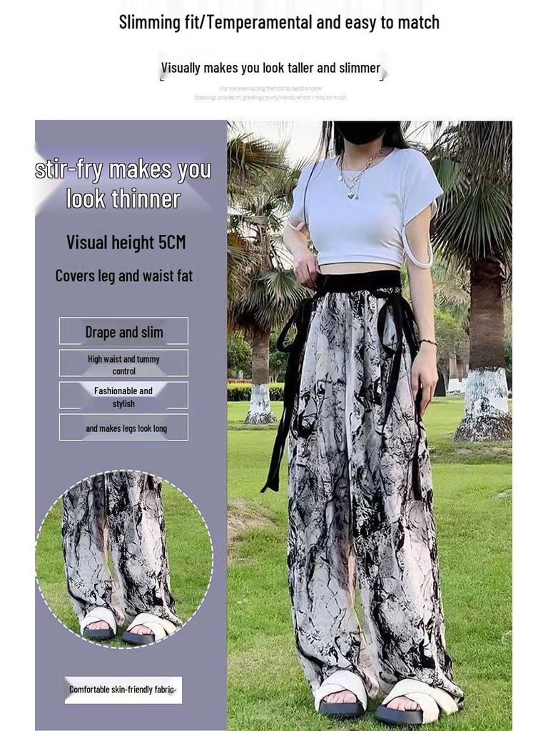 Women's High-Waist Wide-Leg Ink Wash Print Summer Trousers