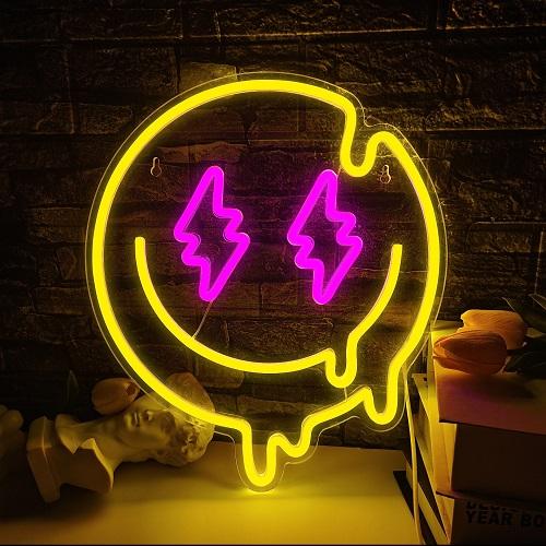 Smile Face Neon Sign LED Neon Light Wall Decor Smiley Face Light Up Signs USB Powered Yellow Neon Signs For Bedroom Pink