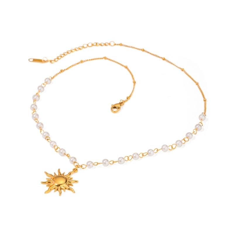 18K Vergoldete Perlenkette Sonnenanhänger Halskette Robuster Edelstahl Wasserdichtes Schmuckaccessoire für Frauen