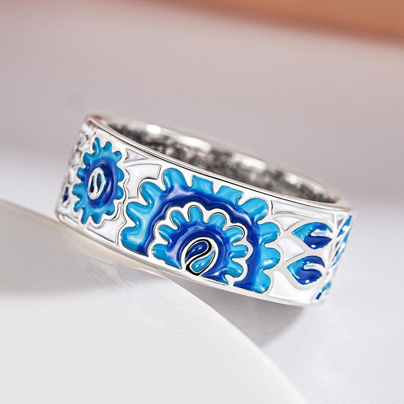 Silver Plated Blue & White Enamel Flower Pattern Ring, Vintage Turkish Art Inspired Band Ring for Women