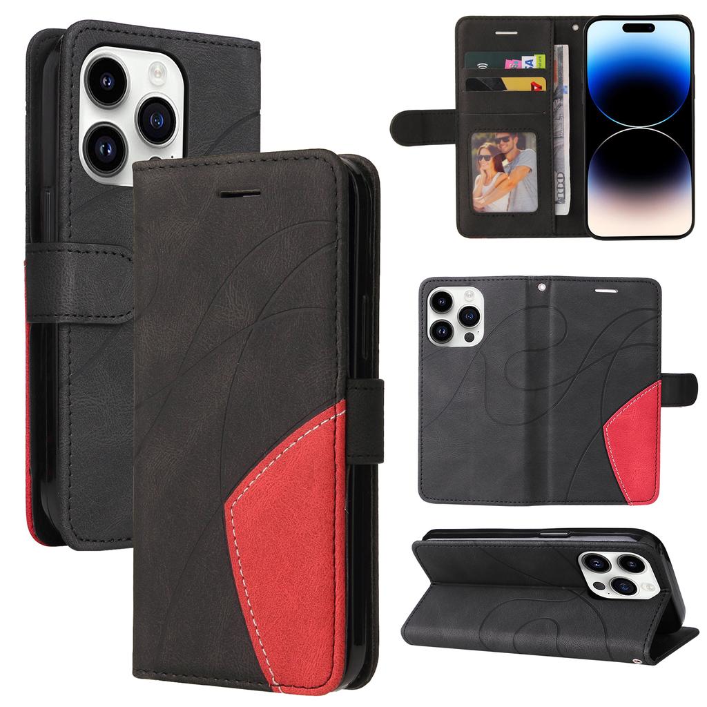 For iPhone 15 Pro Leather Phone Case Stand Wallet with Bi-colour Splicing Design