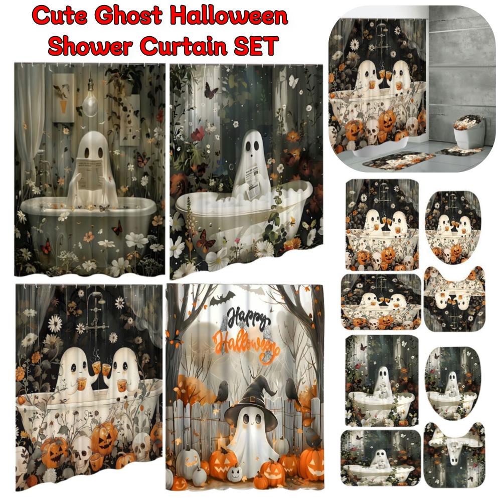 Cute Cartoon Ghost Shower Curtain Set Halloween Shower Curtain Polyester Fabric Spooky Bathroom Curtain For Bathroom Decorations