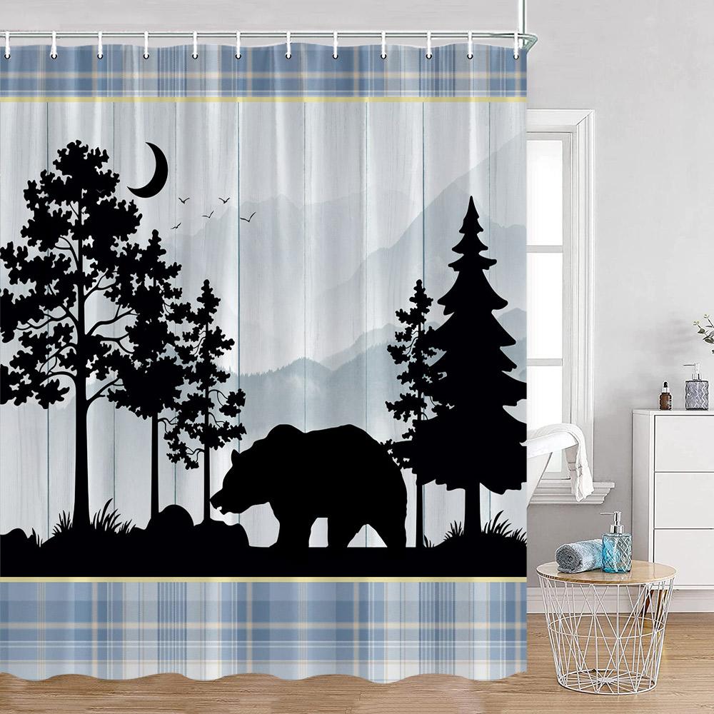 Funny Bear Shower Curtains Bathing Bear Wooden Plank Pattern Fabric Bathroom Decor Bear Silouette Rustic Bath Curtain With Hooks