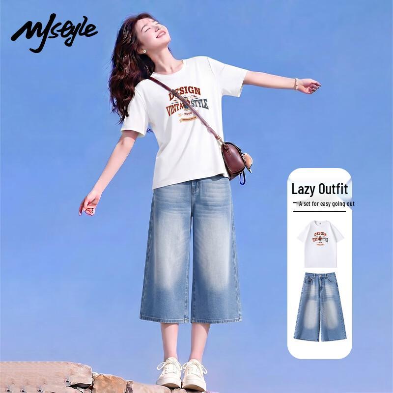 MJ STYLE Women s Retro T-shirt & Denim Cropped Pants Set M
