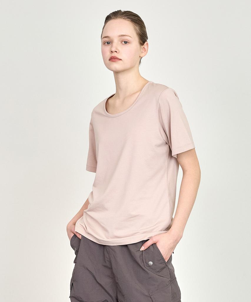 BASIC HOUSE Women'S U-Neck Oversized Stretch Short Sleeve T-Shirt Dark Beige Lats0210
