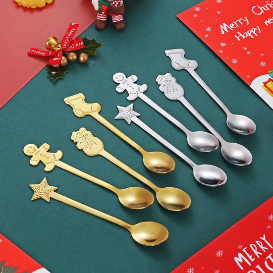 Elegant Table Decor for Parties 4Pcs Christmas Dessert Spoons, Stainless Steel Coffee Spoons with Gingerbread Man Star Stocking Snowman Handle, Unique