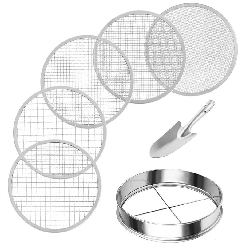 A55F-Soil Sifter Stainless Steel Riddle Sieve Set For Gardening With 5 Sizes 8In Diameter 1/3/6/9/12Mm Interchangeable Meshes
