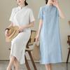 Jacquard Patchwork Cotton Linen Cheongsam Dress - Summer Wear for Middle-Aged and Elderly Women, Plus Size, Short Sleeve