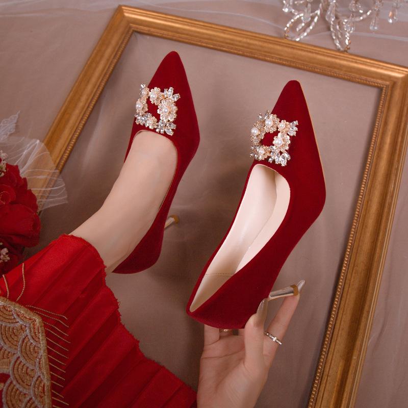 Red Bridal Shoes Wedding Dowry Light Luxury High-end Pearl High Heels Medium Heel Large Size Single Shoes