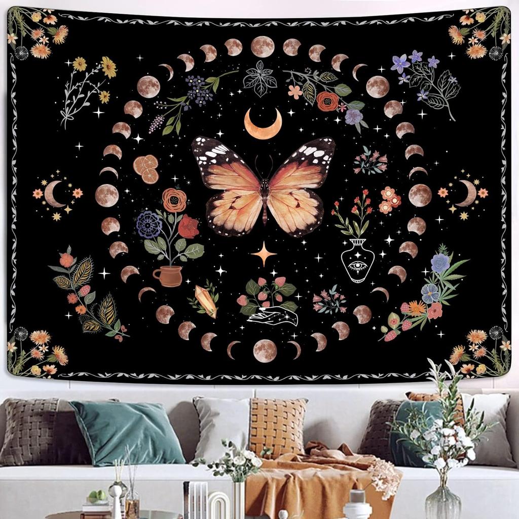 Orange Butterfly Moon Flower Tapestry Boho Floral Plant Tapestries For Bedroom Aesthetic Tapastry'S Wall Hanging Mandala