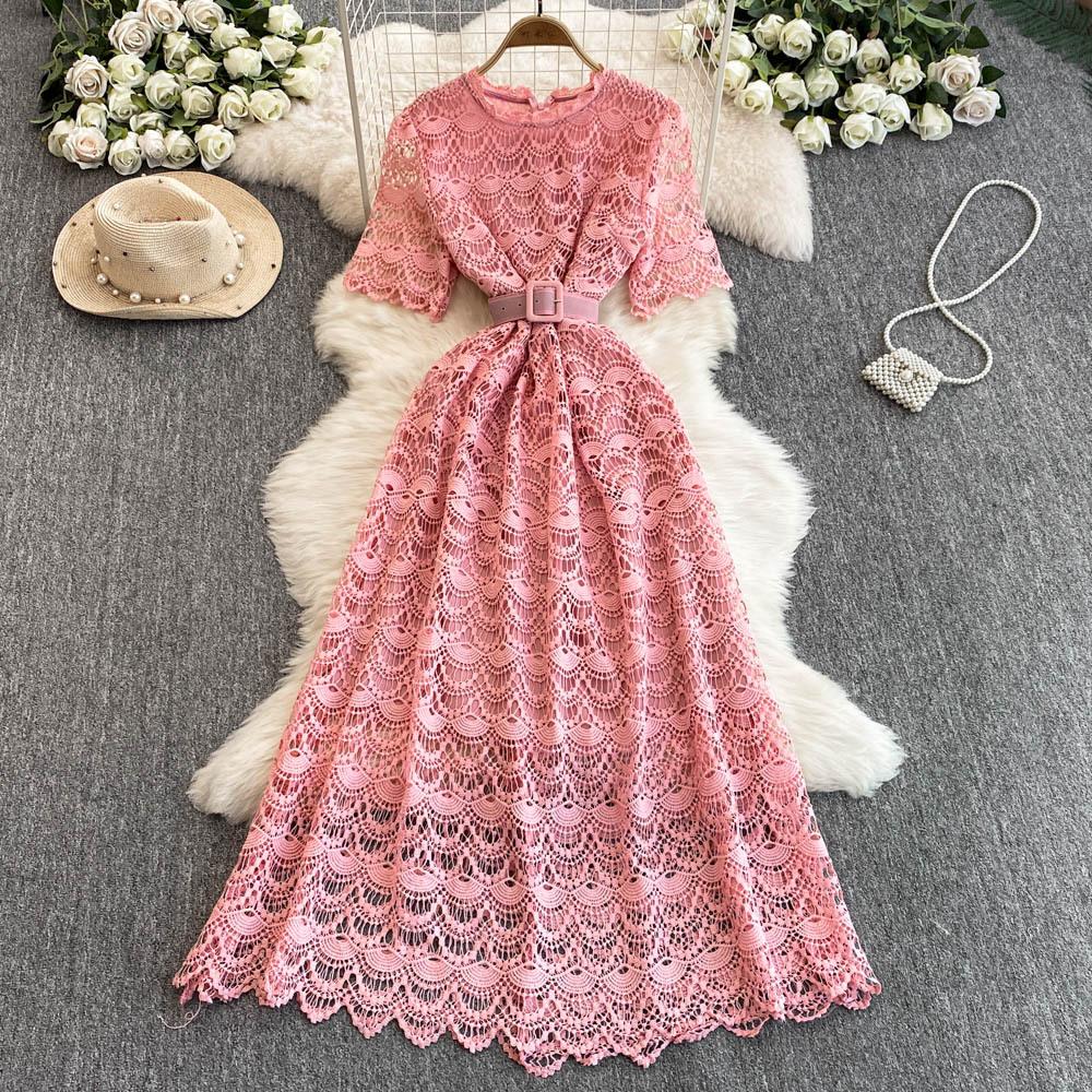 A Mid-length Dress with A Light Luxury Fashionable and Slimming Cutout Water-soluble Lace Design