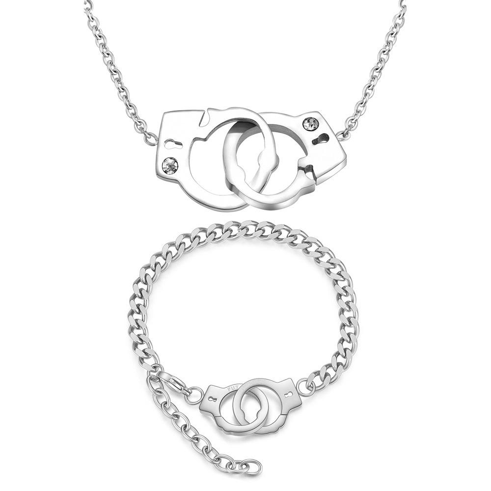 Stainless Steel Fashion Handcuff Necklace & Interlocking Bracelet Set for Women